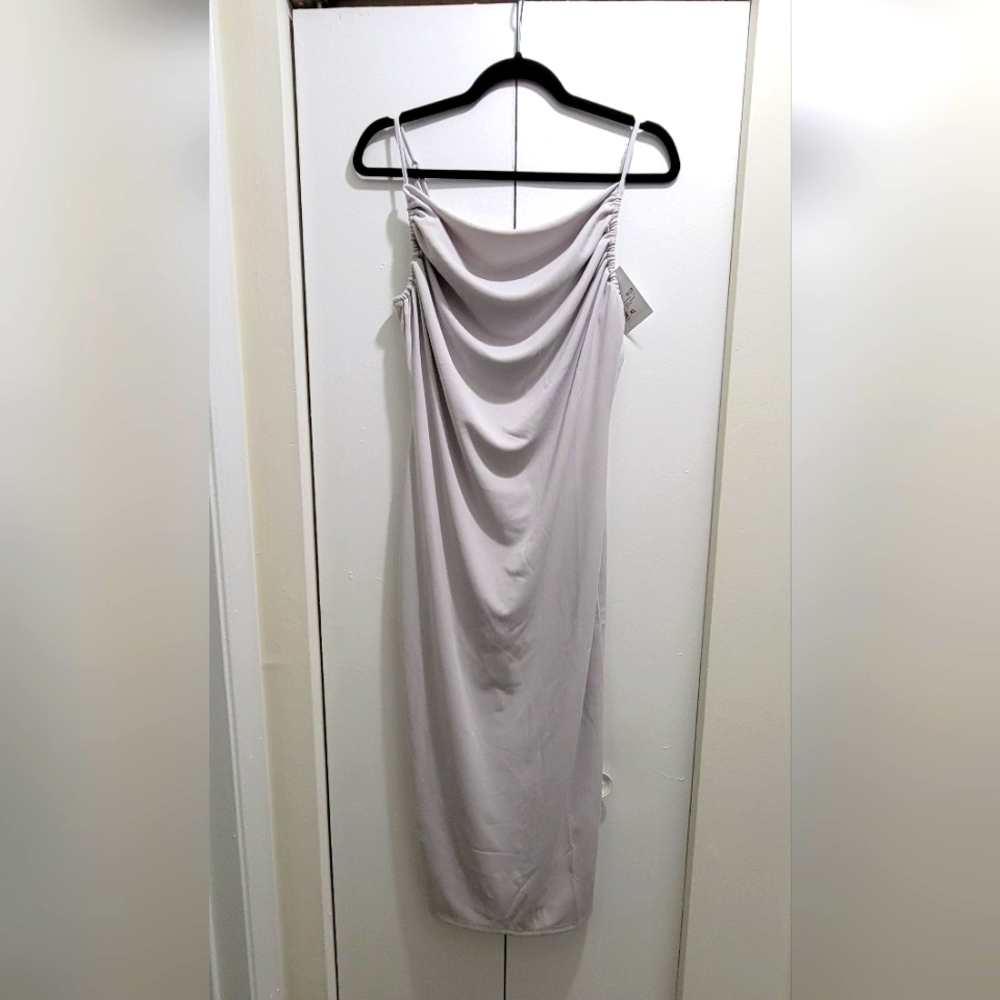 S O L D Gray Cowl Neck Ruched Spaghetti Strap Midi Dress size XL - Picture 2 of 12